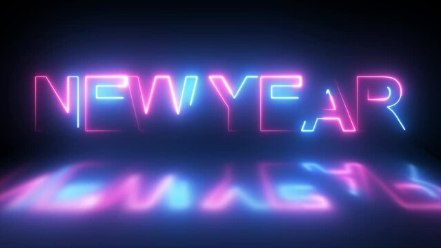 Neon Illustration of a happy new year animation video with typographic letters, a Christmas and a dark background. Holiday graphics for fliers, cards, banners, posters, party invites, and calendars