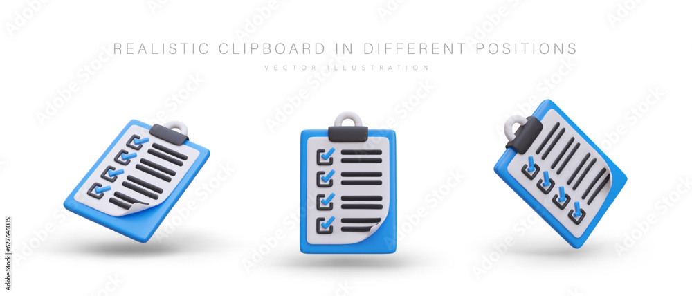 Poster realistic clipboard, board with leaf clip. questionnaire, survey sheet with completed tasks. list of