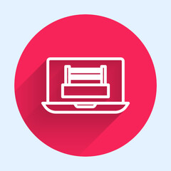 White line Boxing ring show at laptop icon isolated with long shadow background. Red circle button. Vector