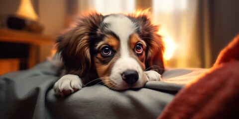 A cute dog lies and looks attentively at the blanket in the living room