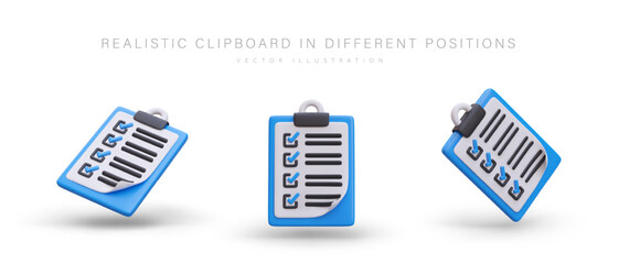 Realistic clipboard, board with leaf clip. Questionnaire, survey sheet with completed tasks. List of completed tasks with marks. Set of colored vector icons