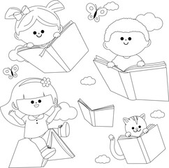 Happy children reading and flying in the sky with books. Vector black and white coloring page.