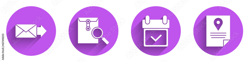 Poster set envelope, envelope with magnifying glass, calendar with check mark and document tracking marker 