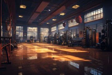 Interior view of a gym with equipment, GYM Background. Generative AI