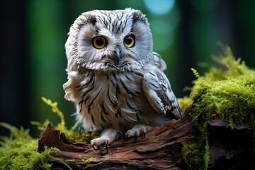 Boreal Owl Perched on Old Tree Trunk. Generative AI