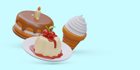 3D decorated cold summer desserts. Ice cream, cake, panna cotta. Floating objects on blue background. Sweets for summer holiday. Place for logo, slogan, offer