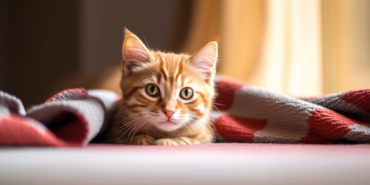 A cute red striped young cat lies on the floor on a blanket and looks funny