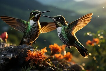 Fototapeta premium Hummingbird Long Golden Tail in Action. Generative AI