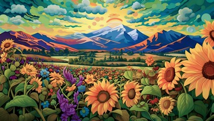 landscape with flowers and mountains