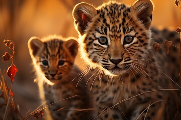 Leopard cubs in Nice Orange Grass. Generative AI