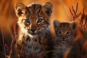 Leopard cubs in Nice Orange Grass. Generative AI