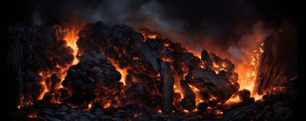 Burning coal creates glowing fire, detailed energy panorama. Generative Ai. - obrazy, fototapety, plakaty