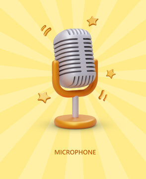 3D metal microphone on background of rays and golden stars. Announcement of concert, competition, audition. Singing theme, karaoke. Vector concept with text