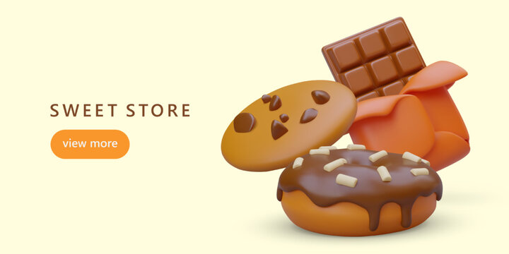 Sweet shop, confectionery. Color banner for social networks. Advertising on Internet. Sweet pastry with chocolate crumbs and glaze. 3D illustration, link button, place for text