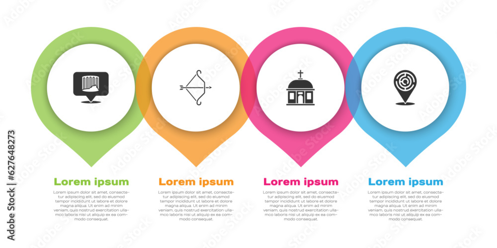 Poster set ancient column, medieval bow with arrow, santorini building and minotaur labyrinth. business inf