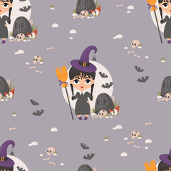 Seamless pattern Halloween. Cute witch gothic girl with braids and broom near grave with skull and bats on gray background. Vector illustration in cartoon style. kids collection.