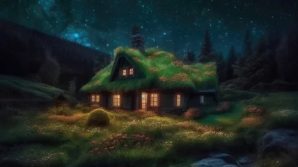 Foto auf Acrylglas Nordlichter Enchanting Moss House Hidden in the Aurora Borealis