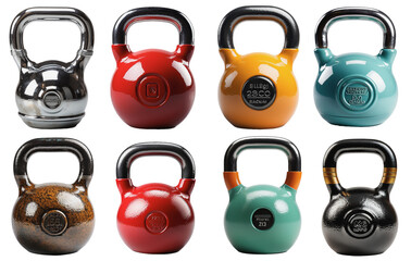 Eight Gym Kettlebells in different colors and sizes on a transparent background, Generative AI