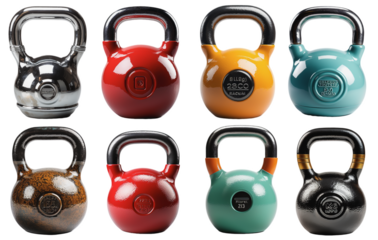 Eight Gym Kettlebells in different colors and sizes on a transparent background, Generative AI