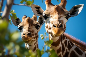 Giraffes Amidst Green with Blue Sky. Generative AI