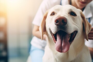 White Labrador dog at vet clinic with veterinarian. AI generated