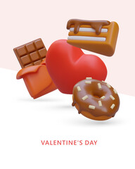 Sweets for Valentine Day. 3d realistic chocolate, cake, donut, and heart. Vertical poster with place for text. Ideas for gifts. Vector illustration in red colors