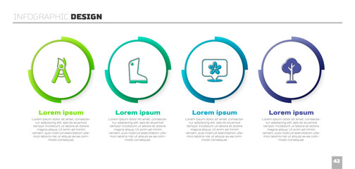 Set Gardening handmade scissors, Rubber gloves, Location with flower and Forest. Business infographic template. Vector