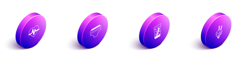 Set Isometric Heart rate, Adult diaper, False jaw in glass and Yarn ball with knitting needles icon. Vector