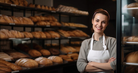 Female baker smiling to the camera standing near the showcase