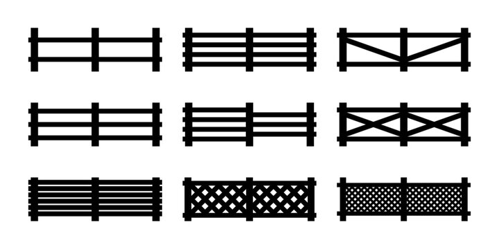 Set black silhouette wooden fence horizontal, diagonal isolated. Vector
