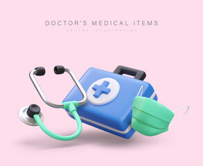 3d realistic doctor medical items. Web poster with kit for medical worker. First aid kit, protection for doctor. Medical help concept. Vector illustration with place for text