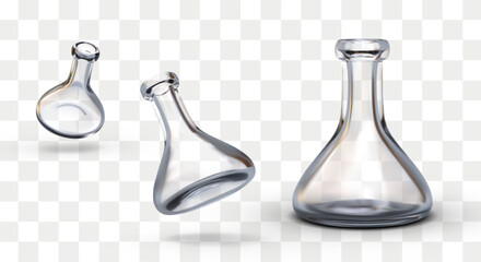 Realistic empty Erlenmeyer flask. Vertical and inclined position. Clean laboratory ware. Set of vector elements with glass texture, reflections, shadows