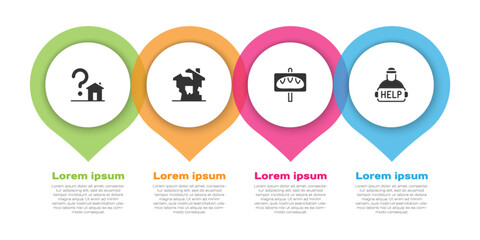 Set House with question mark, Ruined house, Donation food and Help homeless. Business infographic template. Vector