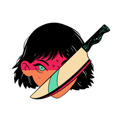 Illustration portrait of a girl with a knife. Vector illustration for your work Logo, t-shirt, stickers and etc. - 627649697