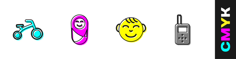 Set Bicycle for kids, Newborn baby infant swaddled, Little boy head and Baby monitor walkie talkie icon. Vector