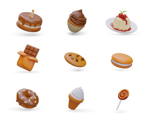 Set of colored 3D icons of desserts, sweets. Isolated vector image on white background. Cake, cupcake, panna cotta, chocolate bar, cookie, doughnut, ice cream, lollipop