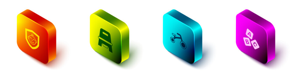 Set Isometric Baby on shield, potty, Bicycle for kids and ABC blocks icon. Vector