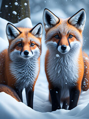 Fototapeta premium Cute Red Foxes in the Snow, Generative AI 