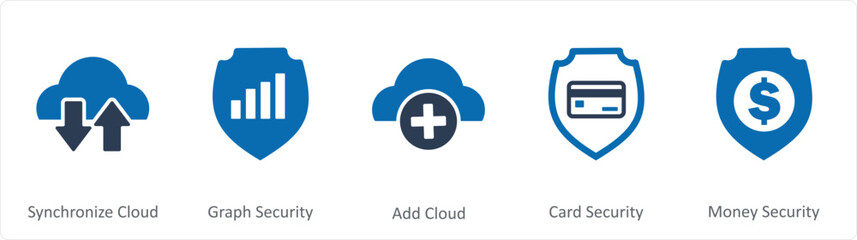 A set of 5 Internet icons as synchronize cloud, graph security, add cloud