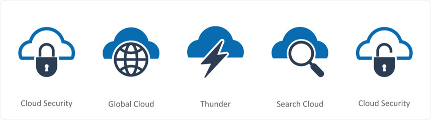 A set of 5 Internet icons as cloud security, global cloud, thunder, search cloud