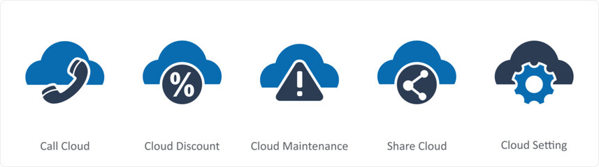 A set of 5 Internet icons as call cloud, cloud discount, cloud maintenance