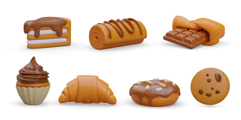 Set of 3D pastries and sweets. Isolated vector image with shadows on white background. Piece of cake, swiss roll, chocolate bar, cupcake, croissant, donut, cookie. Tasty icons for web design