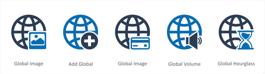 A set of 5 Internet icons as global image, add global, global volume