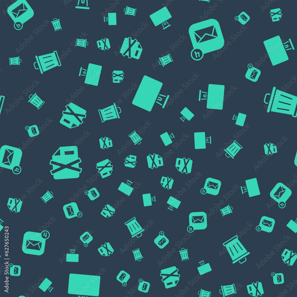 Poster set computer monitor, envelope, delete file document and trash can on seamless pattern. vector