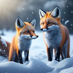 Fototapeta premium Cute Red Foxes in the Snow, Generative AI 