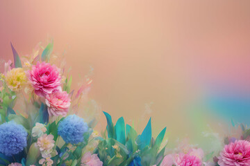 Flowers and Decor Card. Beautiful pastel background with colored feathers decor and miscellaneous flowers. Generative-AI.