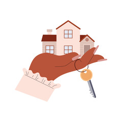 Fototapeta na wymiar Hand holding house and keys for real estate agent, vector illustration isolated.