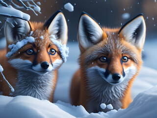 Cute Red Foxes in the Snow, Generative AI
