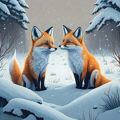 Cute Red Foxes in the Snow, Generative AI
