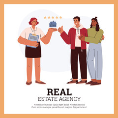 Happy family buying or renting house with help of relator, poster with text, flat vector illustration.